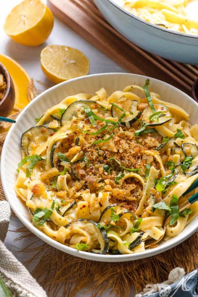 Lemon Zucchini Pasta with Garlic Chili Breadcrumbs in a serving bowl 