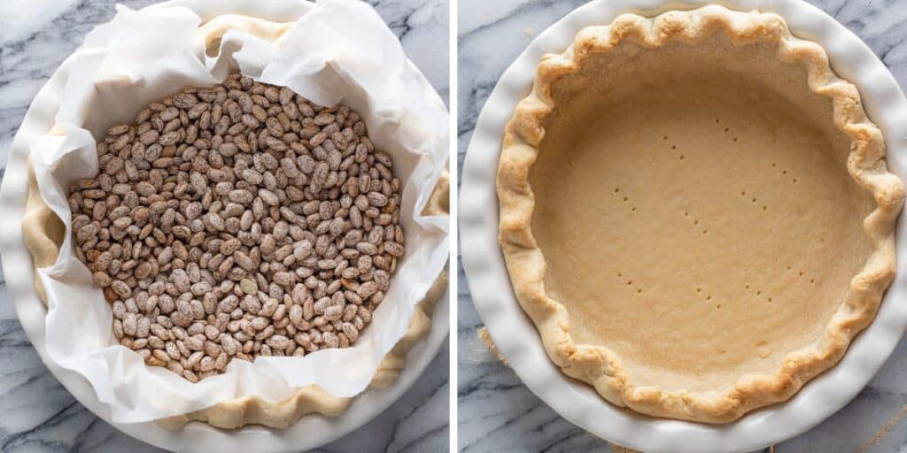 Cassava Flour Pie Crust partially baking collage: one pie crust with dry beans used as pie weights and the partially baked crust with the weights removed