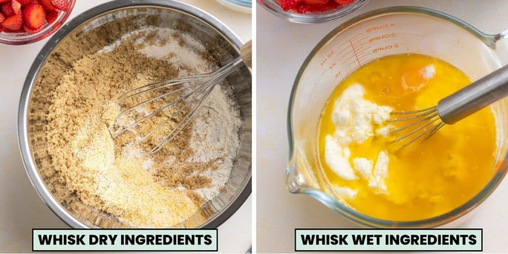 Strawberry Cornmeal Ricotta Cake batter collage demonstrating the process of mixing the dry ingredients in one bowl and the wet ingredients in another bowl.