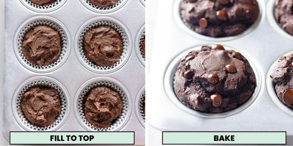 chocolate cassava muffins in a muffin tray before and after baking