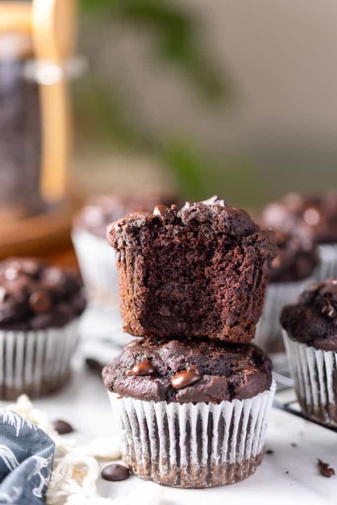 two Cassava Flour Chocolate Muffins stacked