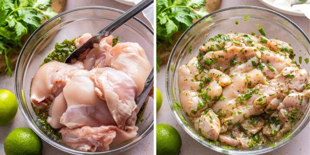 Chicken thighs in a bowl of Cilantro Lime Chicken Marinade