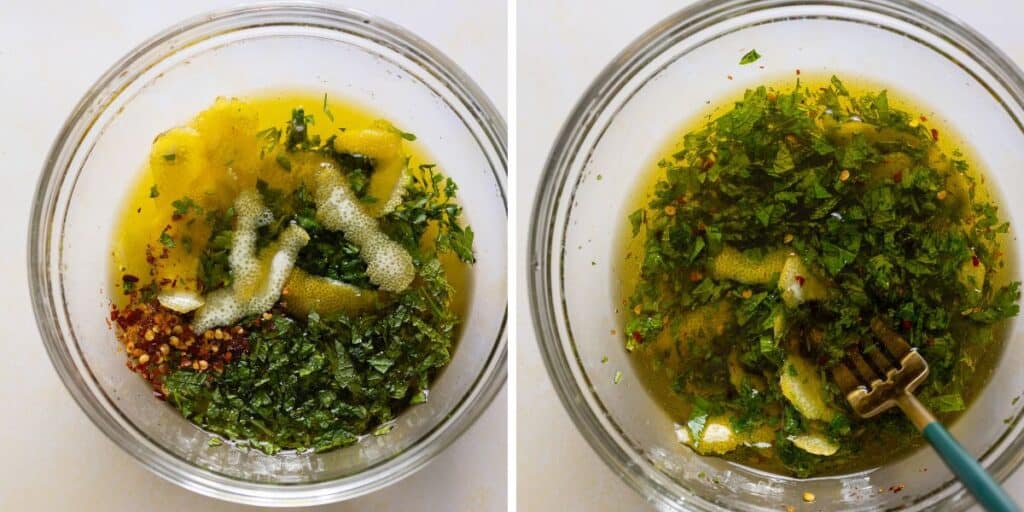 Mozzarella marinade ingredients in a bowl: olive oil, lemon, lemon peel, chili flakes, fresh mint and parsley. One image of the ingredients unmixed and another image with the ingredients mixed together.