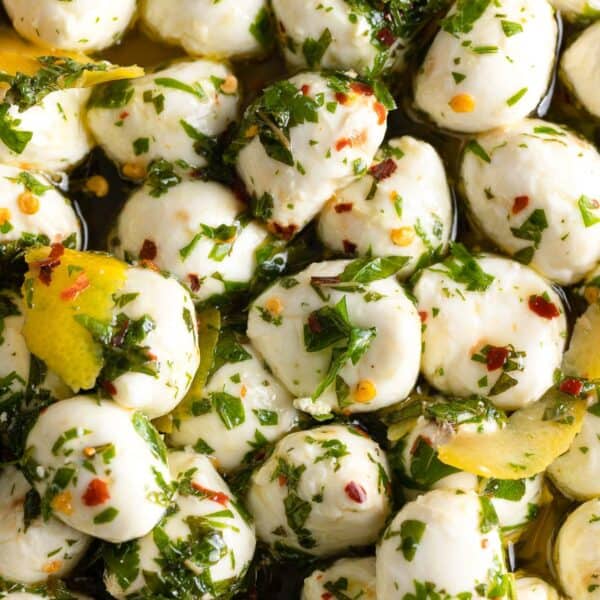 Marinated Mozzarella balls covered in a Lemon Chili Herb marinade