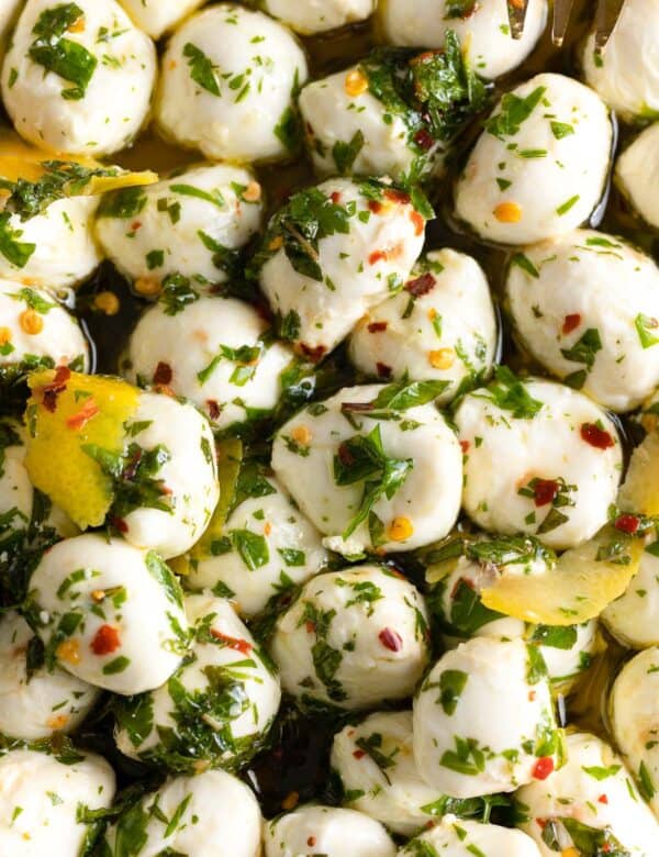Marinated Mozzarella balls covered in a Lemon Chili Herb marinade