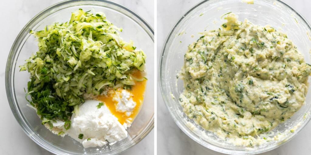 ingredients to make Ricotta Zucchini Fritters in a bowl mixed together