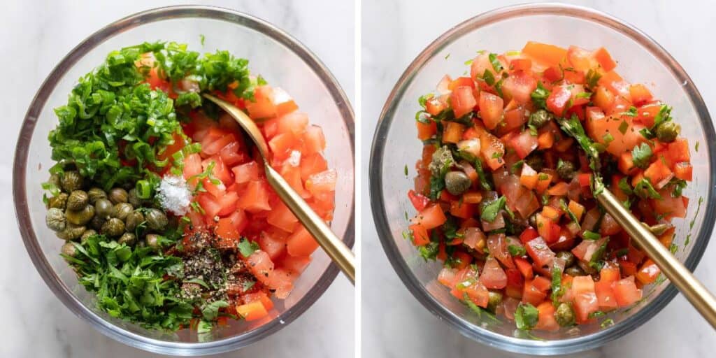 tomato caper salsa ingredients mixed together in a bowl