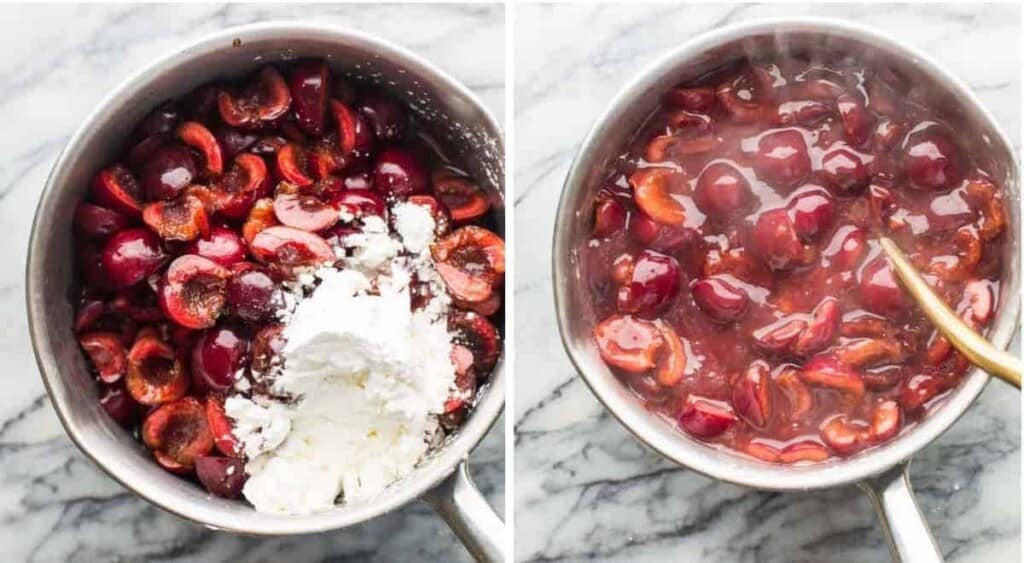 First image: fresh cherries in a pan with water, starch, sugar and lemon juice. 
Second image: the cherry filling ingredients mixed together and simmered in a thick sauce.