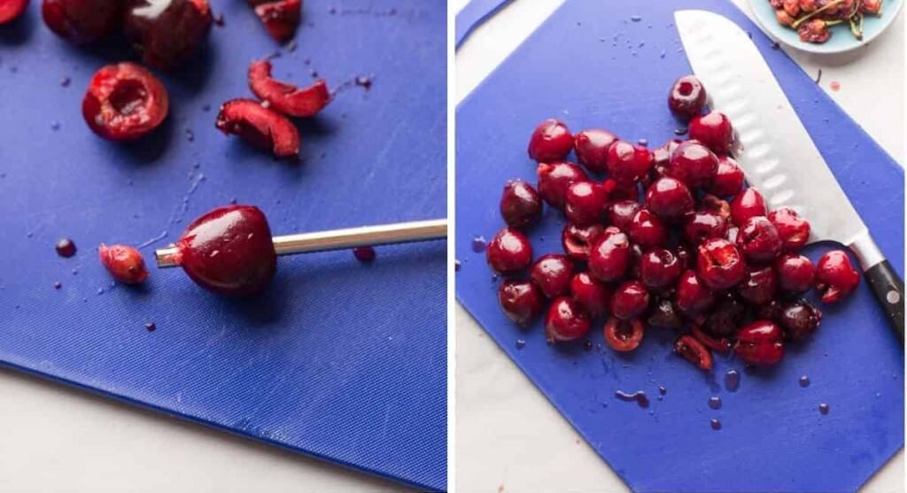 Fresh cherries getting the pits removed with a straw and then cut in half.