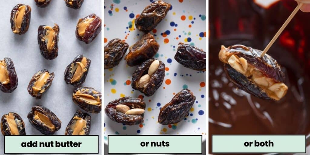 a collage of medjool dates stuffed with nuts and nut butter