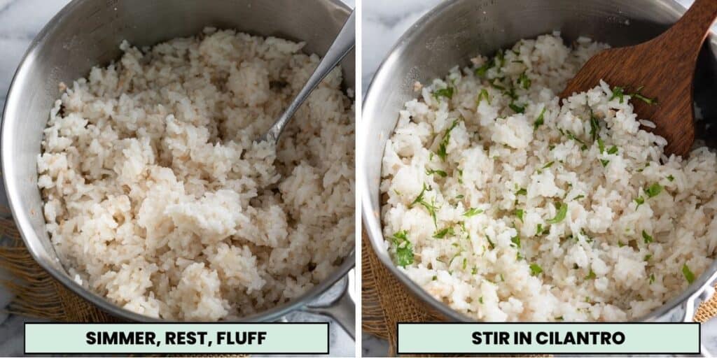 coconut rice in a cooking pan fluffed up with a fork then mixed with  fresh cilantro