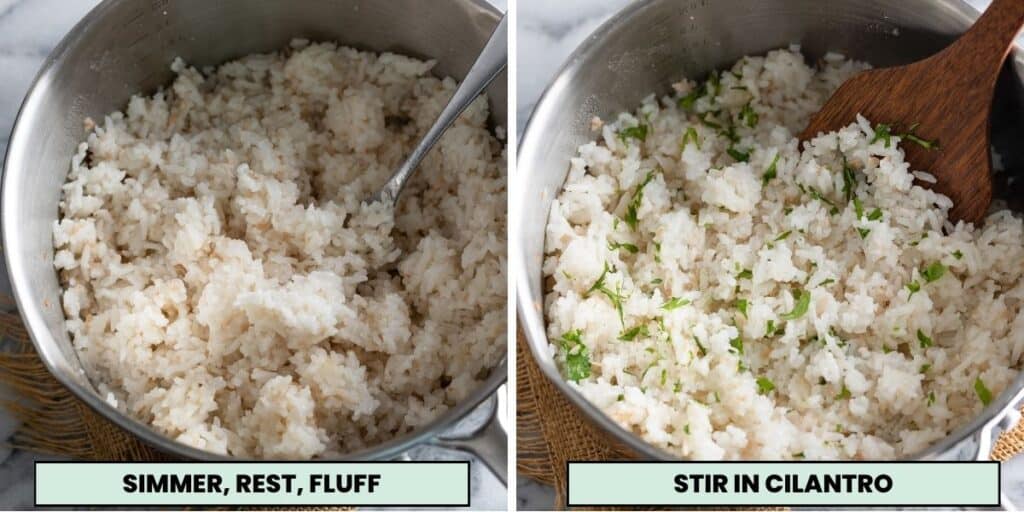 coconut rice in a cooking pan fluffed up with a fork then mixed with  fresh cilantro