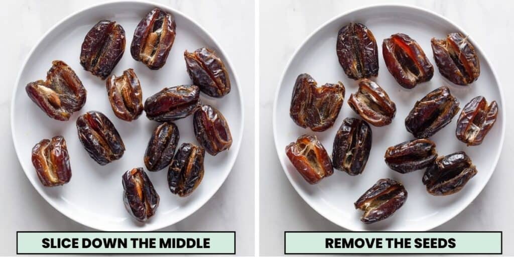 12 medjool dates on a plate with a slice down the middle and the seeds removed