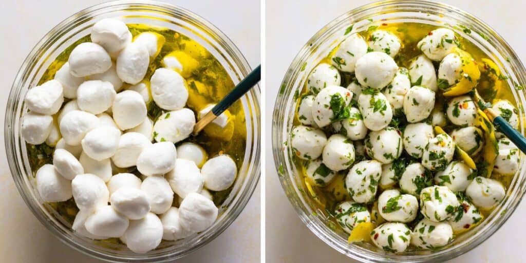 One image of mozzarella balls in a bowl lemon herb marinade. The second image of the same bowl but with the mozzarella balls mixed in the marinade. 