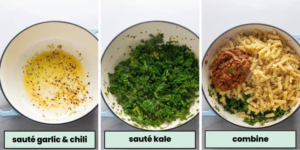 red-pesto-pasta-collage: sauteed garlic and chili, then kale, then mixing everything together