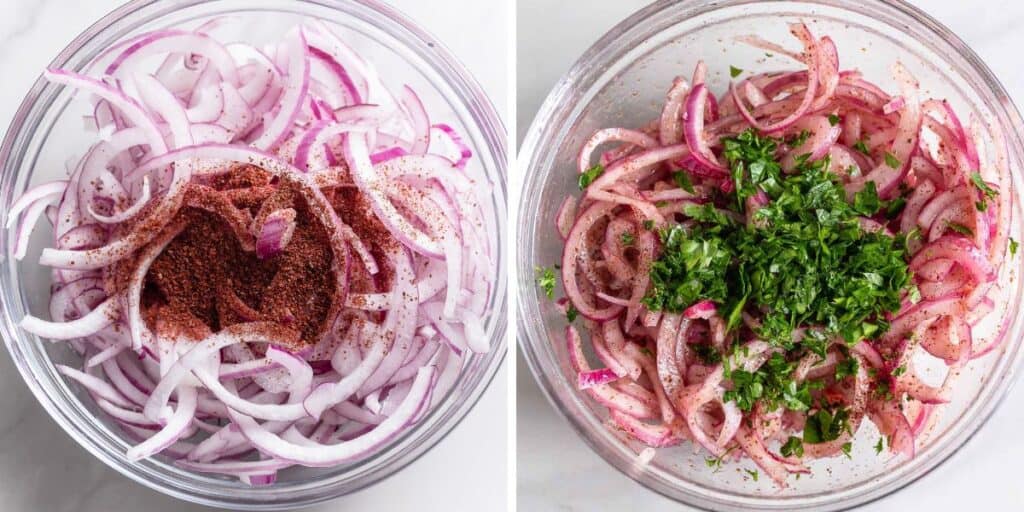 two images: The first containing a bowl of thinly sliced onions with sumac sprinkled on top. The second image is the same bowl of onions mixed into the spice with fresh chopped parsley on top