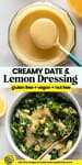 Creamy Date & Lemon Dressing: gluten free + vegan + nut free: lemon dressing in a jar and poured over a kale salad