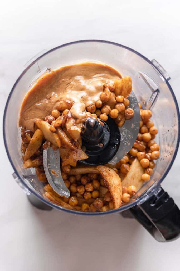 sauteed apples and chickpeas in a cinnamon sugar mixture in a food processor with peanut butter