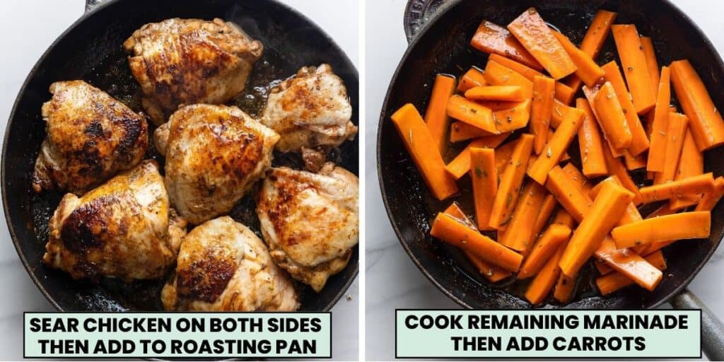 Two pictures: the first is a cast iron skillet with 7 seared chicken thighs. Second image is a cast iron skillet with carrots