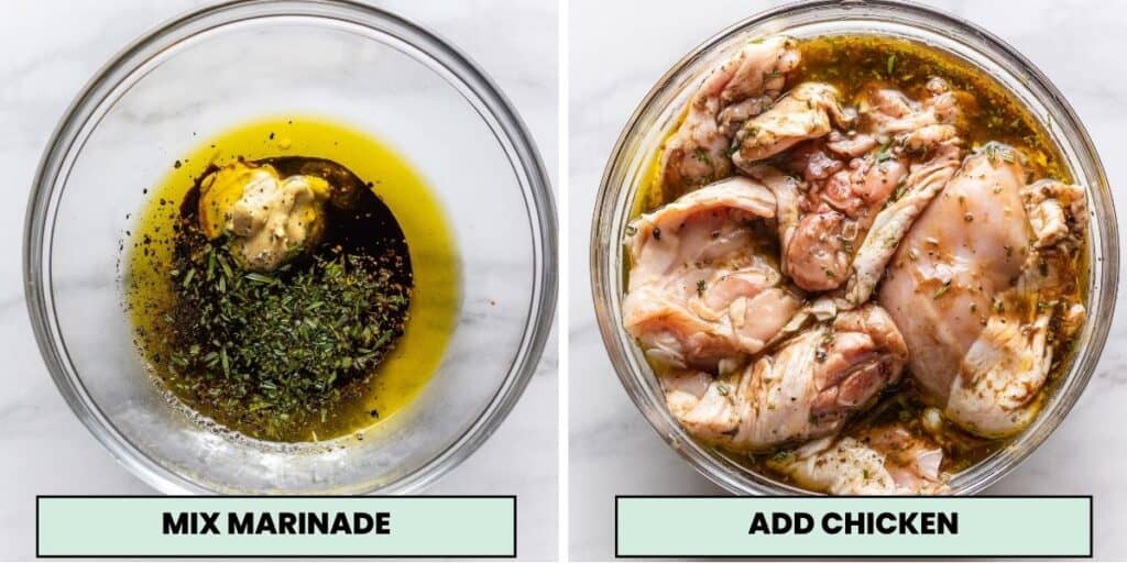 two images: the first has a mixing bowl with olive oil, balsamic vinegar, mustard, chopped rosemary, salt and pepper. The second image has chicken thighs added to the bowl