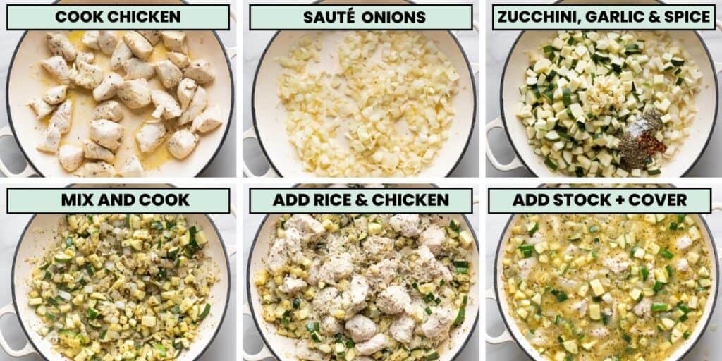collage showing the stages to make one pot chicken and zucchini rice dish: cook chicken, sauté onion, add zucchini garlic and spices, cook zucchini, add chicken and rice then add stock and cover