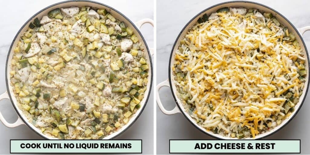 zucchini chicken and rice dish before and after adding the cheese one top