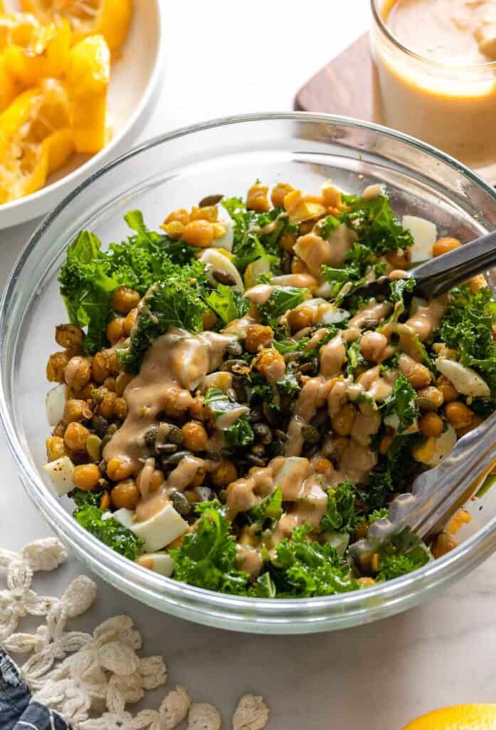Spiced Chickpea Kale Salad & Creamy Lemon Dressing in a salad bowl
