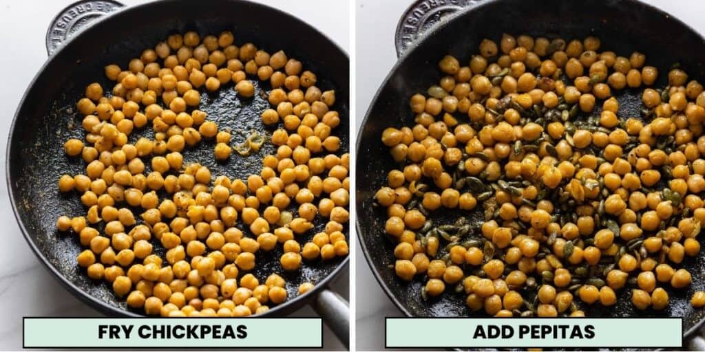 pan fried chickpeas and pepitas in a cast iron skillet
