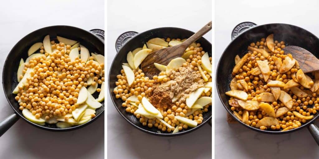 apples and chickpeas mixed with a cinnamon spice blend in a cast iron pan until soft and golden