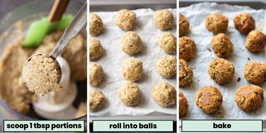 collage of images of vegan lentil meatball dough before and after baking