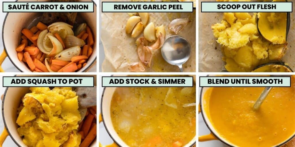 a collage of steps and ingredients for acorn soup