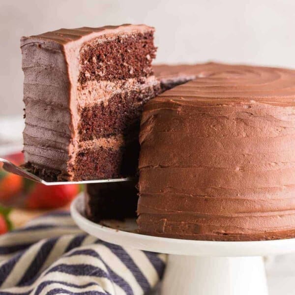 gluten free chocolate cake with a slice held up on a spatula