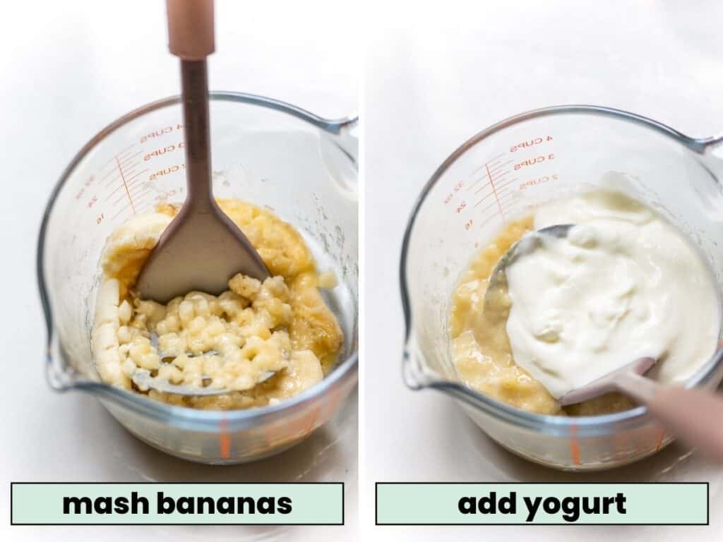 bananas mashed in a jug with yoghurt