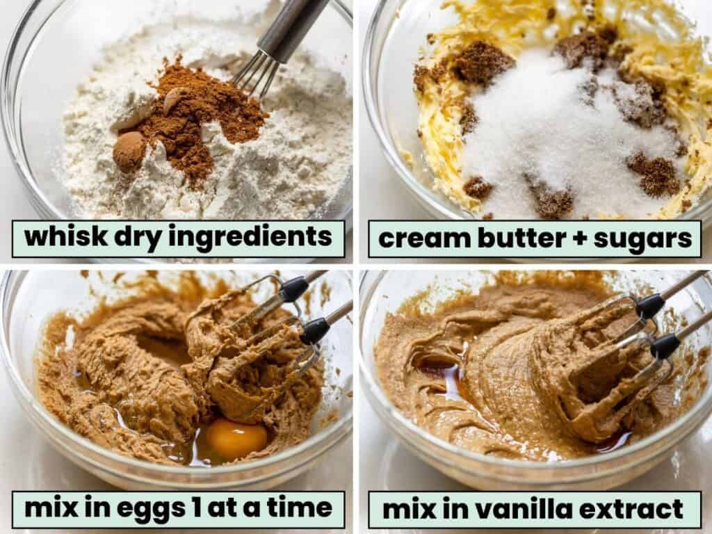 a collage of steps to make gluten free banana cake batter