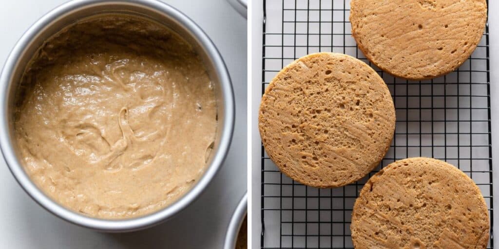 two images: cake batter in a 6-inch cake pan and three cooked cakes cooling on a wire rack