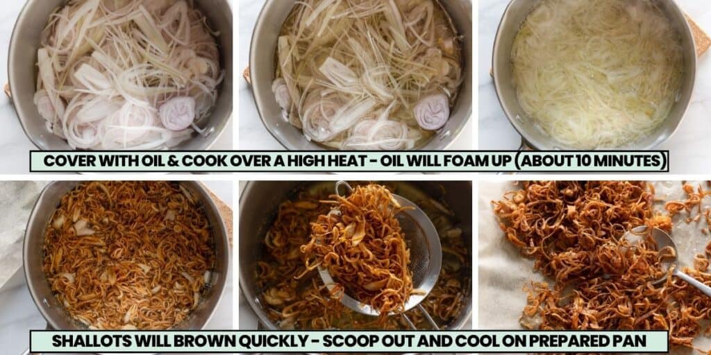 collage of steps to make fried shallots