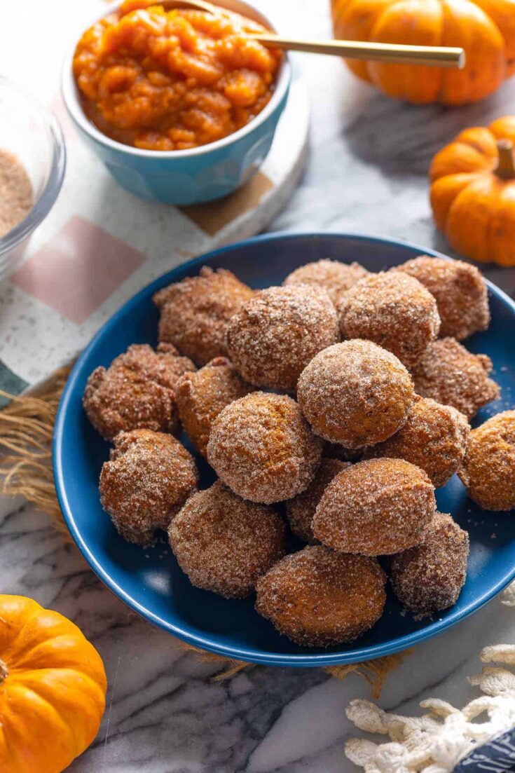 a plate full of Gluten Free Pumpkin Fritters coated in a cinnamon-sugar mixture with little pumpkins and pumpkin puree on the side