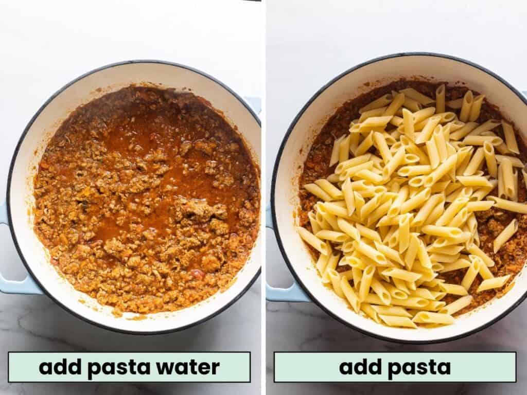 pork ragu meat sauce before and after adding boiled penne