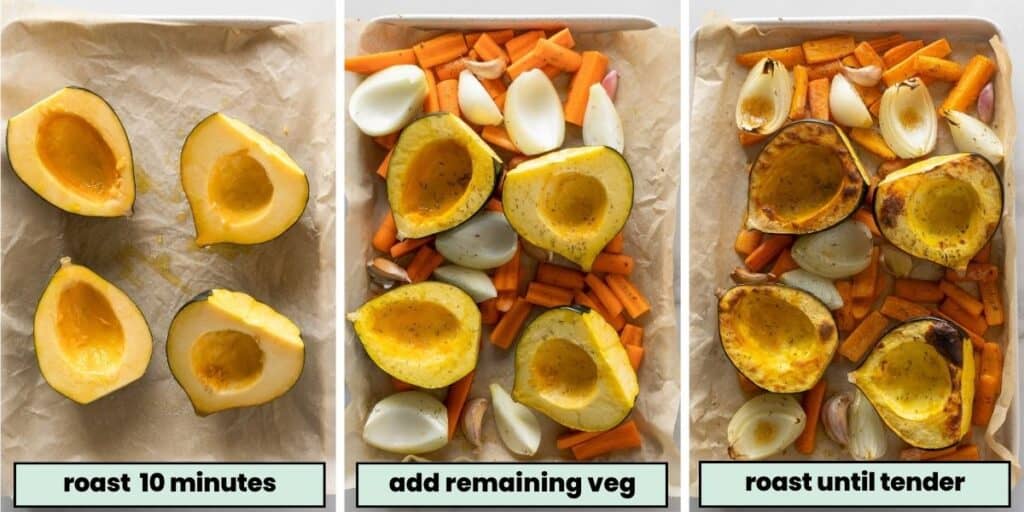 acorn squash and vegetables prepped for roasting