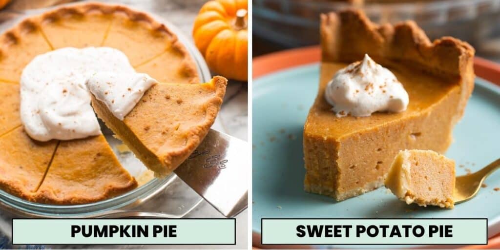 a side by side comparison of pumpkin pie and sweet potato pie