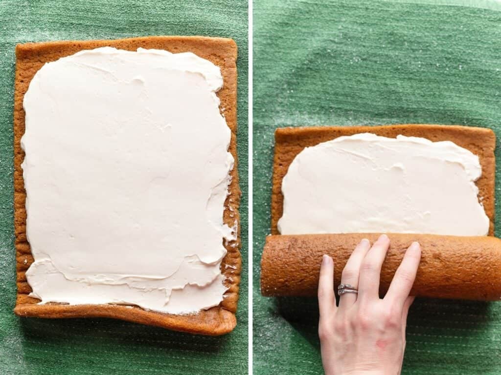 whipped cream cheese frosting spread over an unrolled pumpkin roll in left image and the same pumpkin cake getting rolled up in the right image