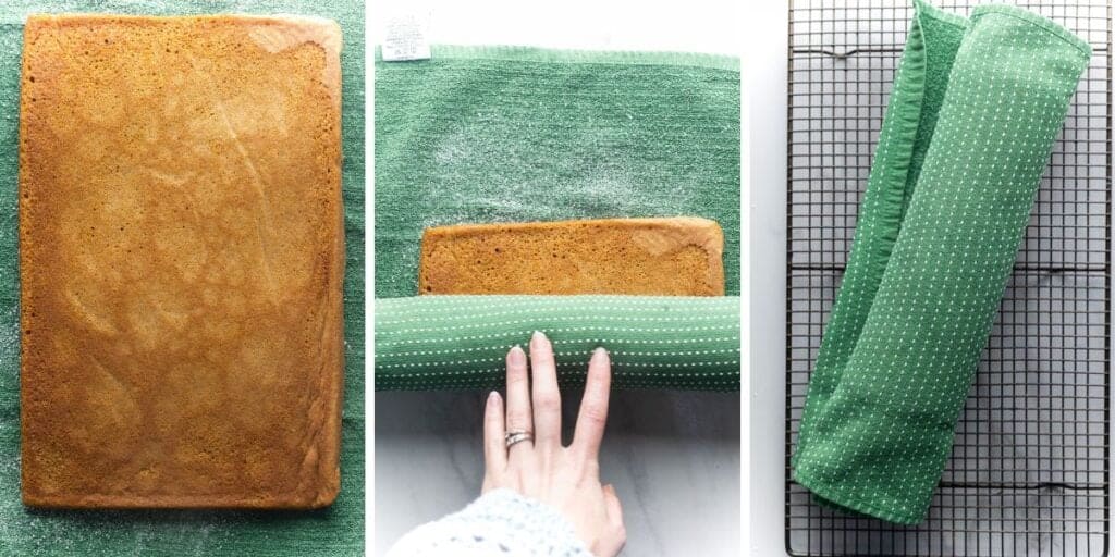 a collage of images showing how to roll and cool a freshly baked pumpkin cake