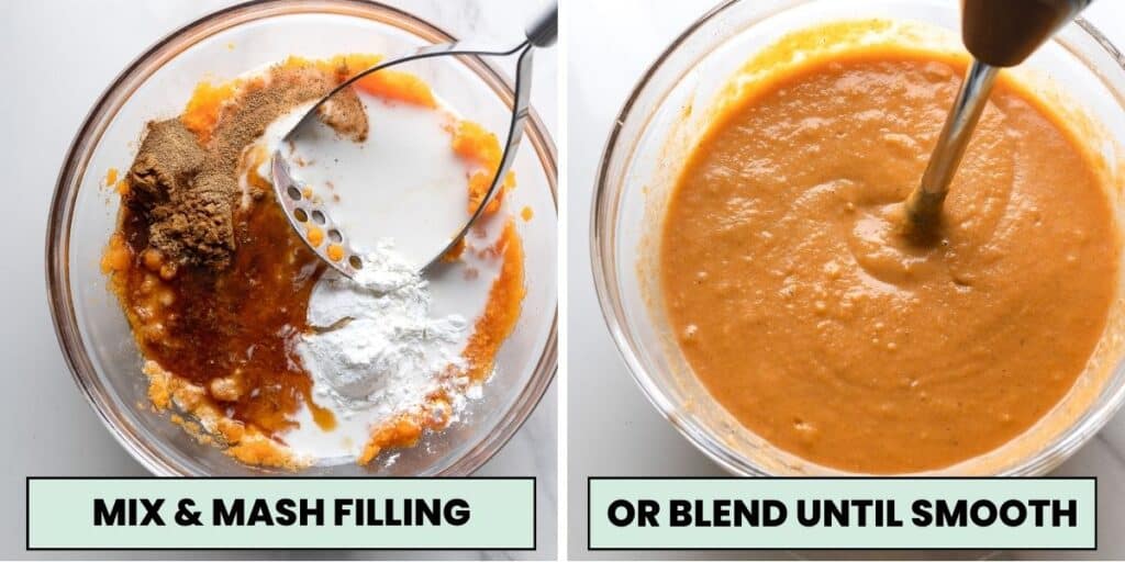 sweet potato pie filling prep: mixing with potato mashed and/or blending with immersion blender