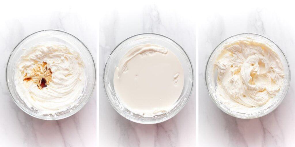 collage of three images showing the stages of making a whipped cream cheese frosting