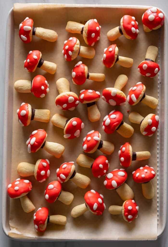 mushroom shaped sugar cookies decorated to look like red and white toadstool mushrooms on a baking sheet