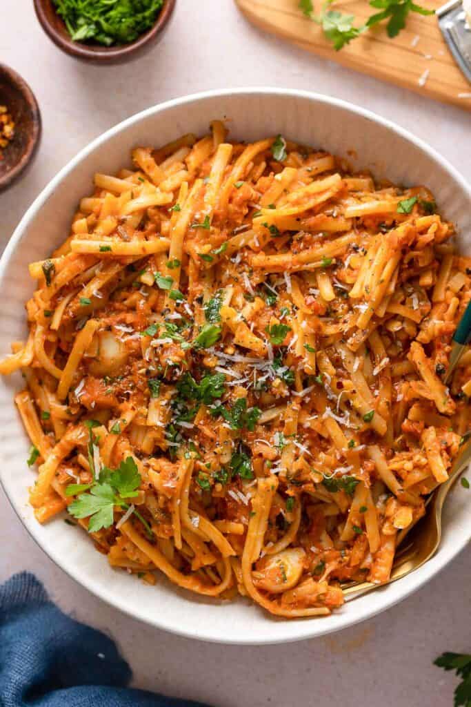 Calabrian Fish Ragu with Cod (Ragù di Pesce) in a bowl with parsley 