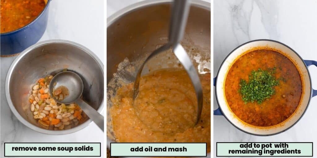 collage of steps to thicken fasolada soup by mashing up some of the soup separately then adding it back to the soup