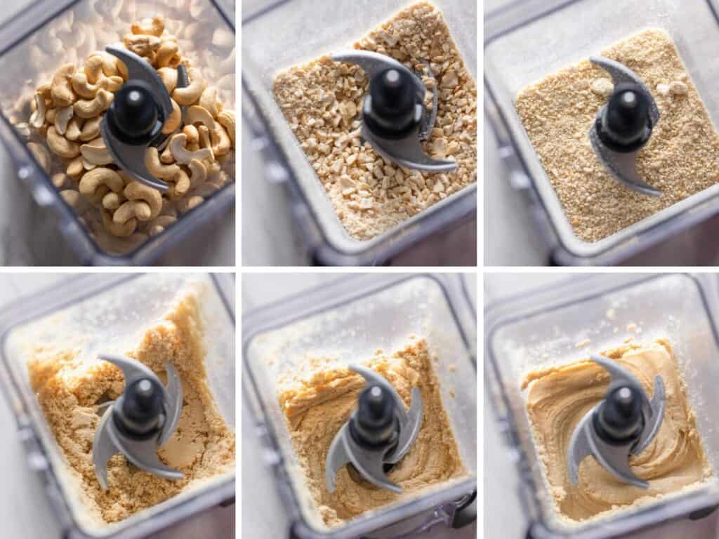 homemade cashew butter collage of stages the whole cashews go through to become a nut butter