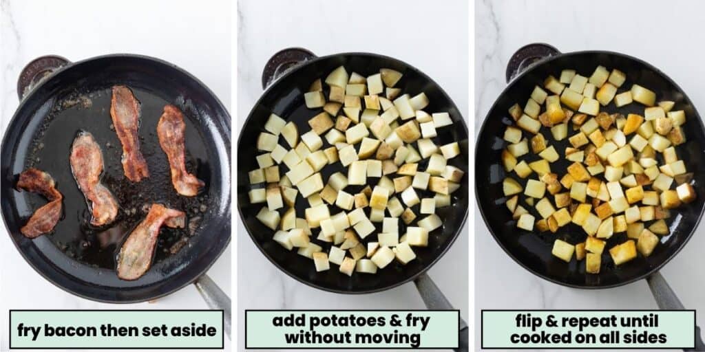 bacon frying in a cast iron pan and potatoes frying in a cast iron pan