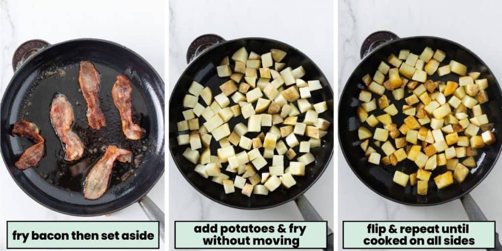bacon frying in a cast iron pan and potatoes frying in a cast iron pan